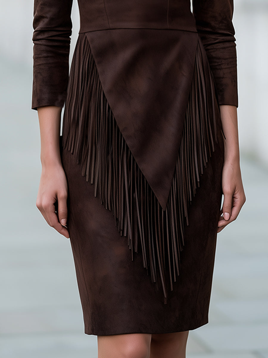 Soft Faux Suede Layered Tassel Midi Dress