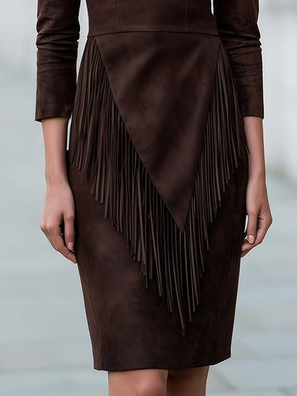Soft Faux Suede Layered Tassel Midi Dress