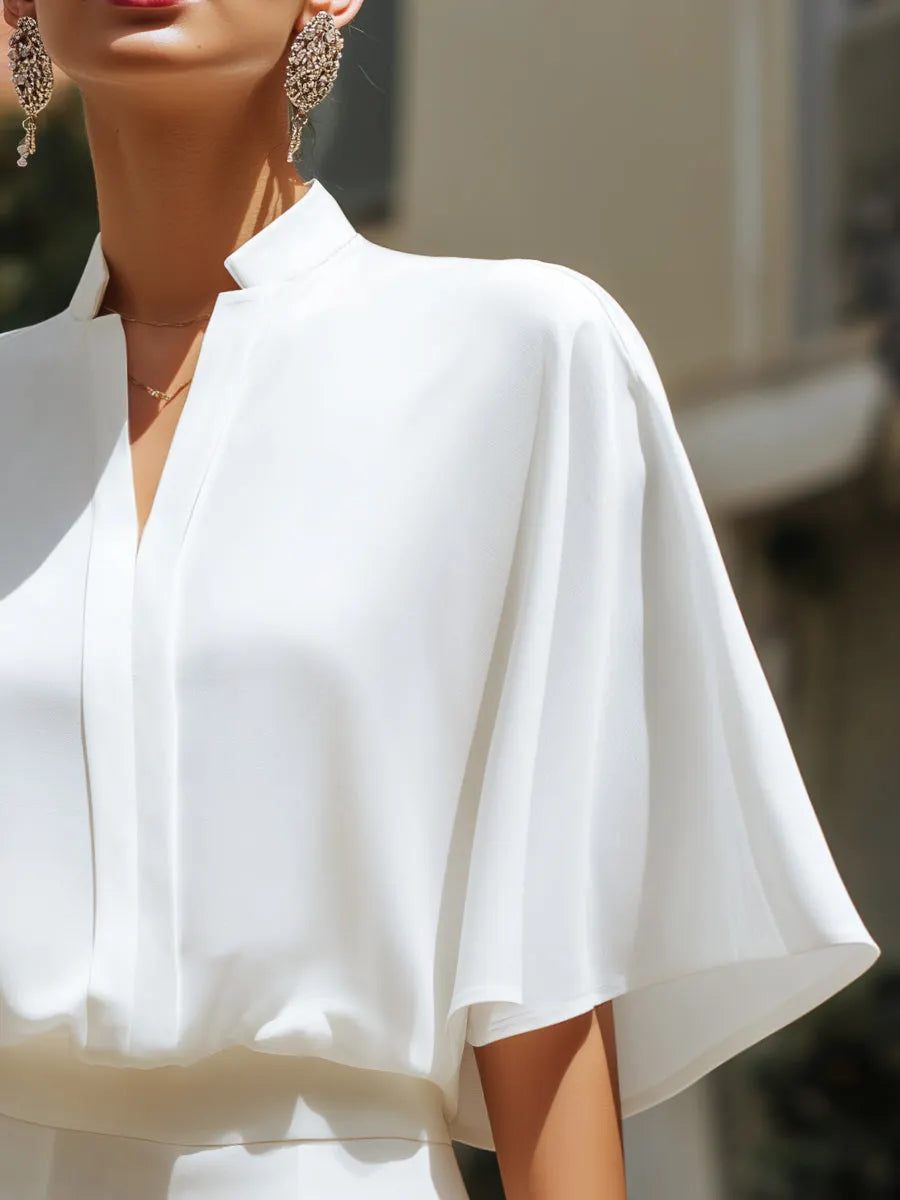 Flowing Split-Neck Cape Sleeve Blouse