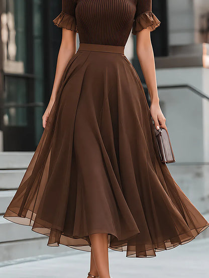 Ribbed Knit Ruffle-Sleeve Chiffon Midi Dress