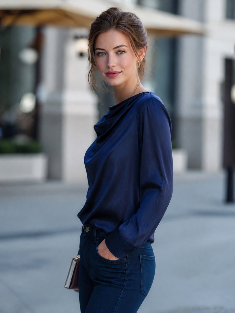 Satin Cowl-Neck Draped Long-Sleeve Top