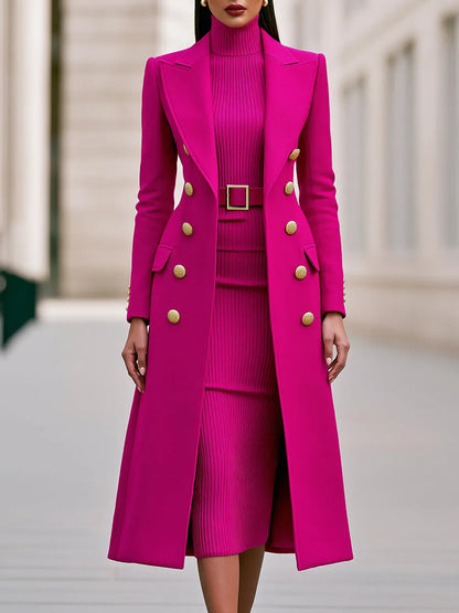Double-Breasted Maxi Coat And Belted Knit Midi Dress Set