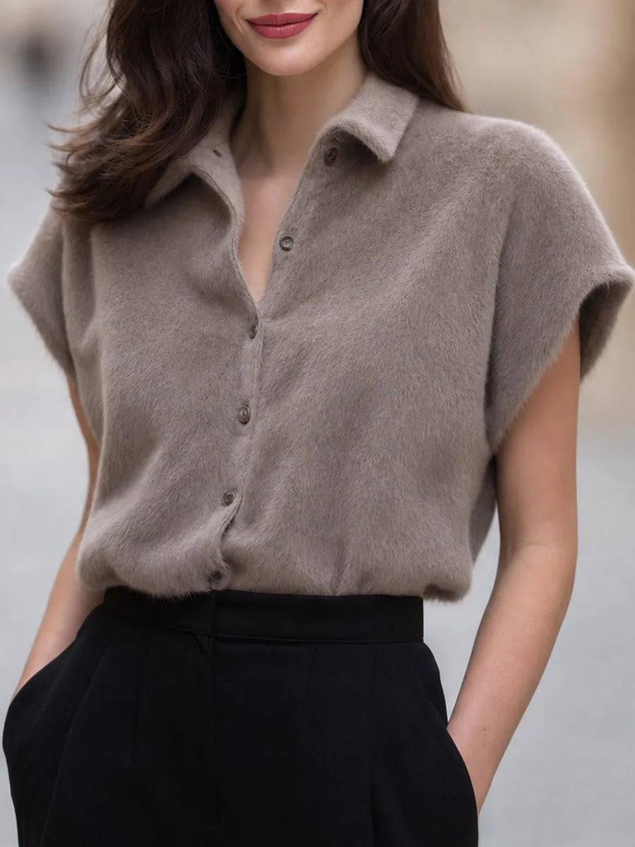 Women's Short-Sleeve Faux Mink Knit Cardigan With Collar