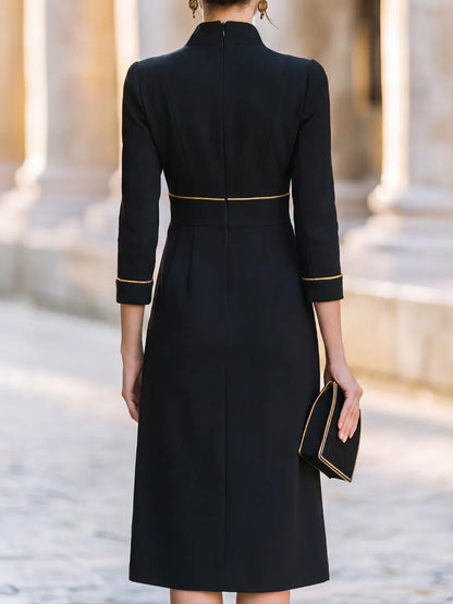Color-Block Trim Elegant V-Neck Midi Dress
