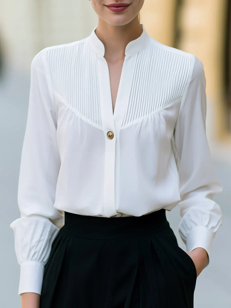 Pleated Yoke Stand Collar Button Blouse