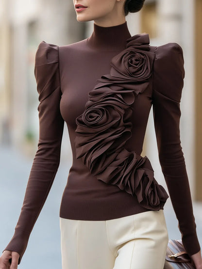 Puff Sleeve Mock Neck Top with 3D Rose Flower Applique