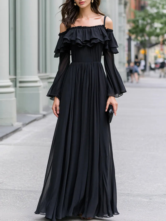 Off-Shoulder Ruffle Tiered Chiffon Maxi Dress