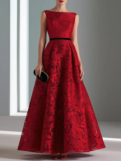 Contrast Waist Floral Lace A-Line Evening Gown
