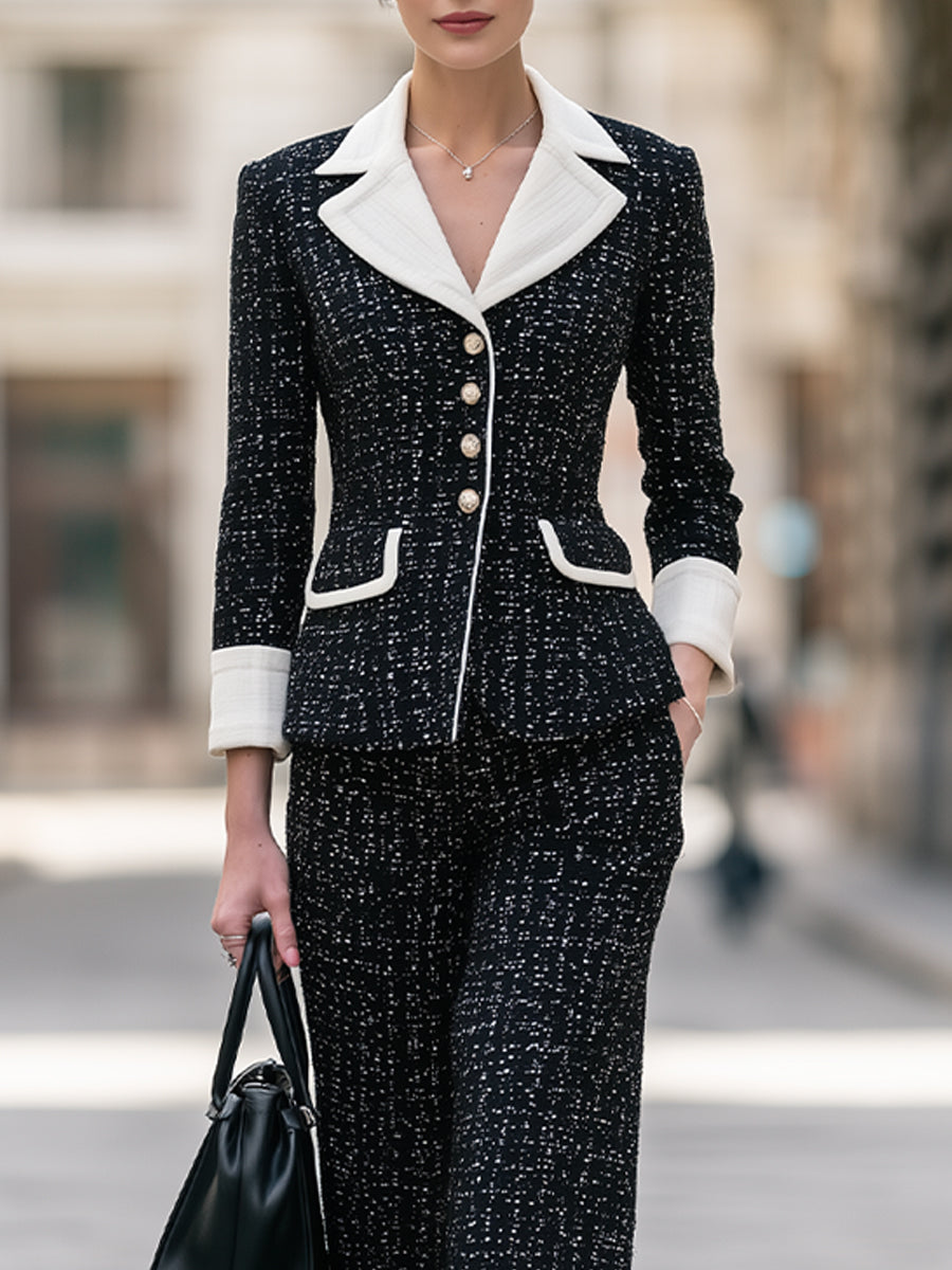 Contrast-Trim Tweed Blazer And Wide-Leg Pants Set