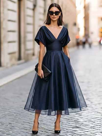 Legant Satin V-Neck Flutter Sleeve Midi Dress In A-Line Silhouette