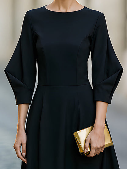 Structured Long Sleeve A-Line Flared Hem Midi Dress