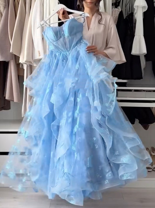 Robes longues tube bustier sans manches à volants en gaze à fleurs 3D Robe féerique