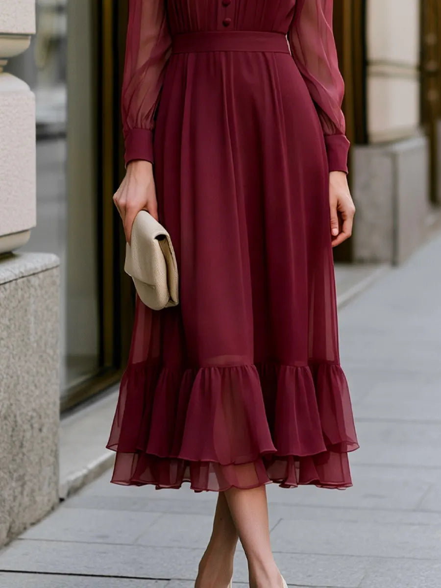 Button-Front Chiffon Layered Ruffle Midi Dress