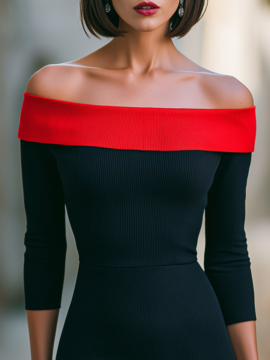 Black & Red Off-Shoulder Ribbed Bodycon Midi Dress