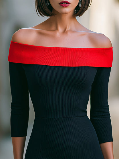 Black & Red Off-Shoulder Ribbed Bodycon Midi Dress