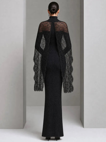 Lace Cape Ribbed Knit Maxi Dress