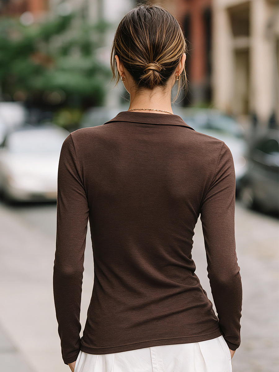 Ruched Long-Sleeve V-Neck Polo T-Shirt