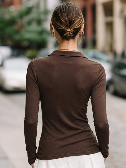 Ruched Long-Sleeve V-Neck Polo T-Shirt