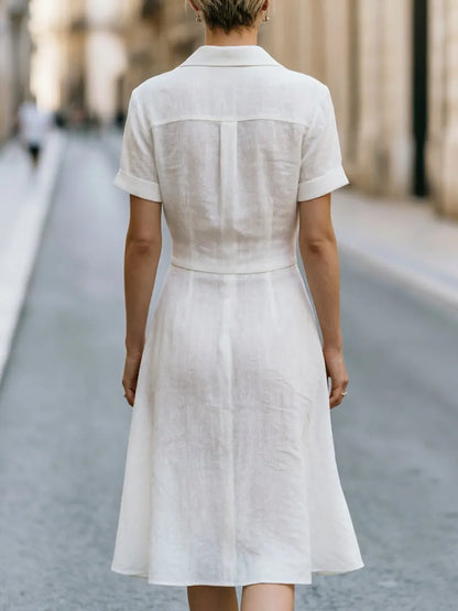 Linen Shirt Midi Dress With Front Button Closure And Flared A-Line Silhouette