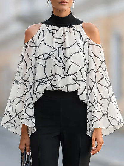 Elegant Black And White Printed Cold Shoulder Blouse
