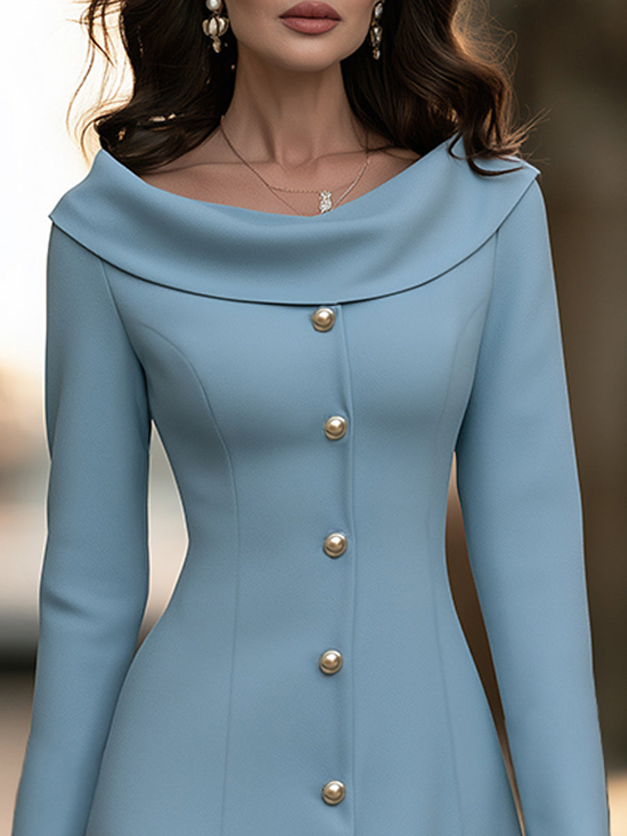 Elegant Decorative Buttons Off-the-Shoulder Portrait Collar Midi Dress