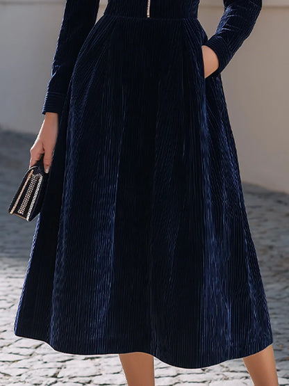 Vertical Corduroy Lapel Zip Front Midi Fit-and-Flare Dress