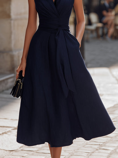 Tailored Wrap-Front Sleeveless Belted Midi Dress