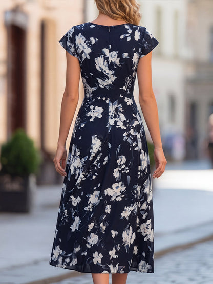 Floral Print Ruched Wrap Mock Midi Dress