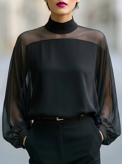 Sheer Yoke High-Neck Bishop Sleeve Blouse
