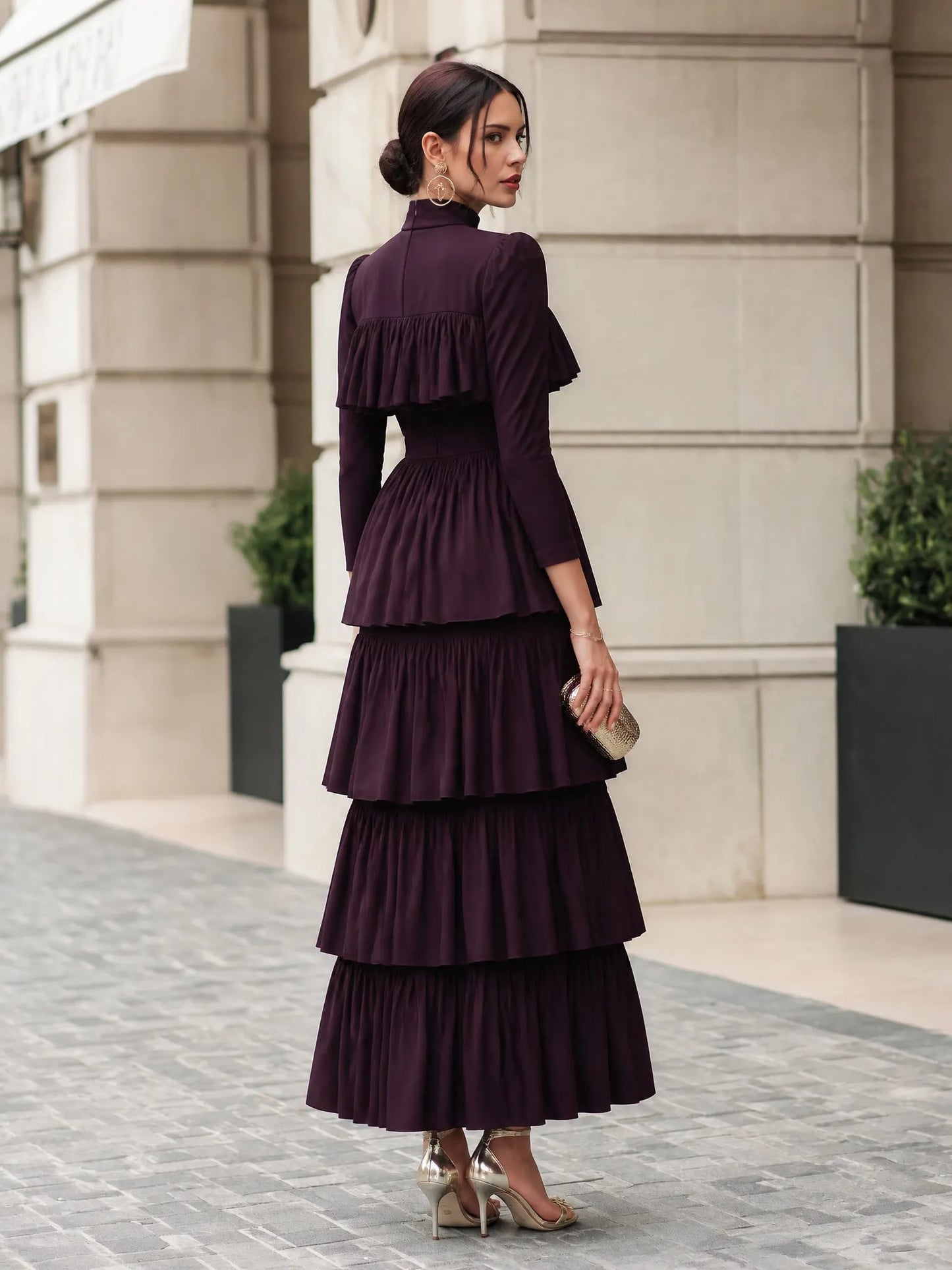 High Neck Multi-Tiered Ruffle Maxi Dress