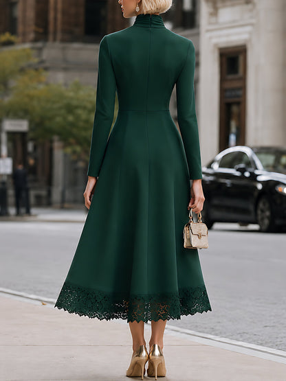 Tie-Neck Lace-Hem A-Line Midi Dress
