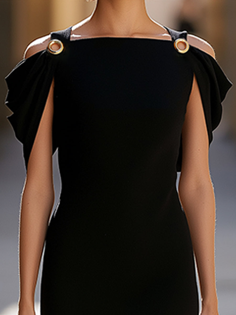 Gold Ring Cold-Shoulder Cape Sleeve Maxi Dress