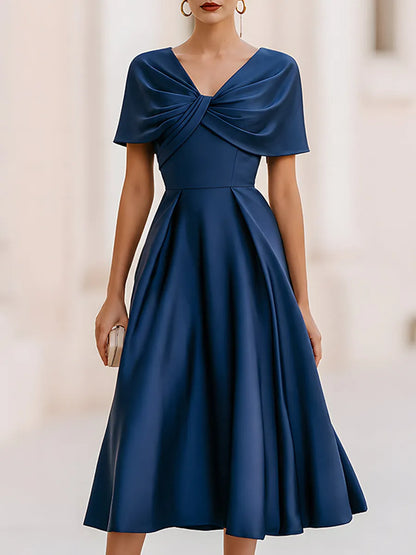 Satin Midi Dress With Shawl-Style Twisted Sleeves
