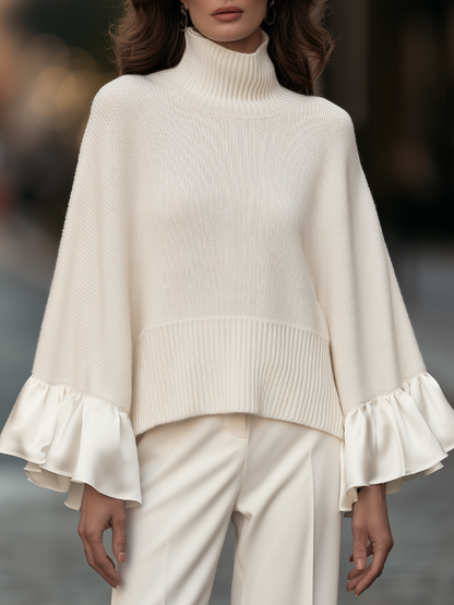 Turtleneck Satin Ruffle Cuff Oversized Cape Knit Sweater