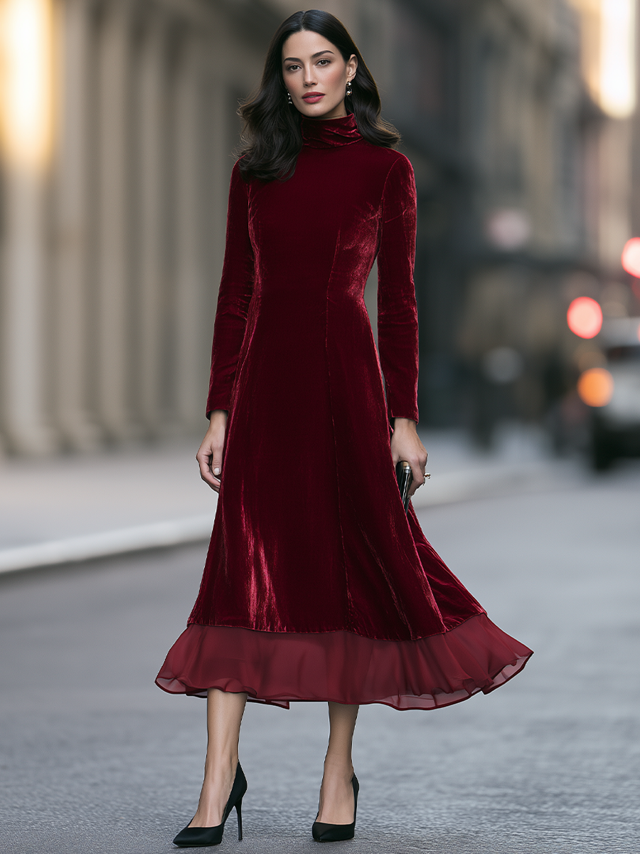 Turtleneck Princess-Seam Sheer Ruffle Hem Velvet A-Line Maxi Dress