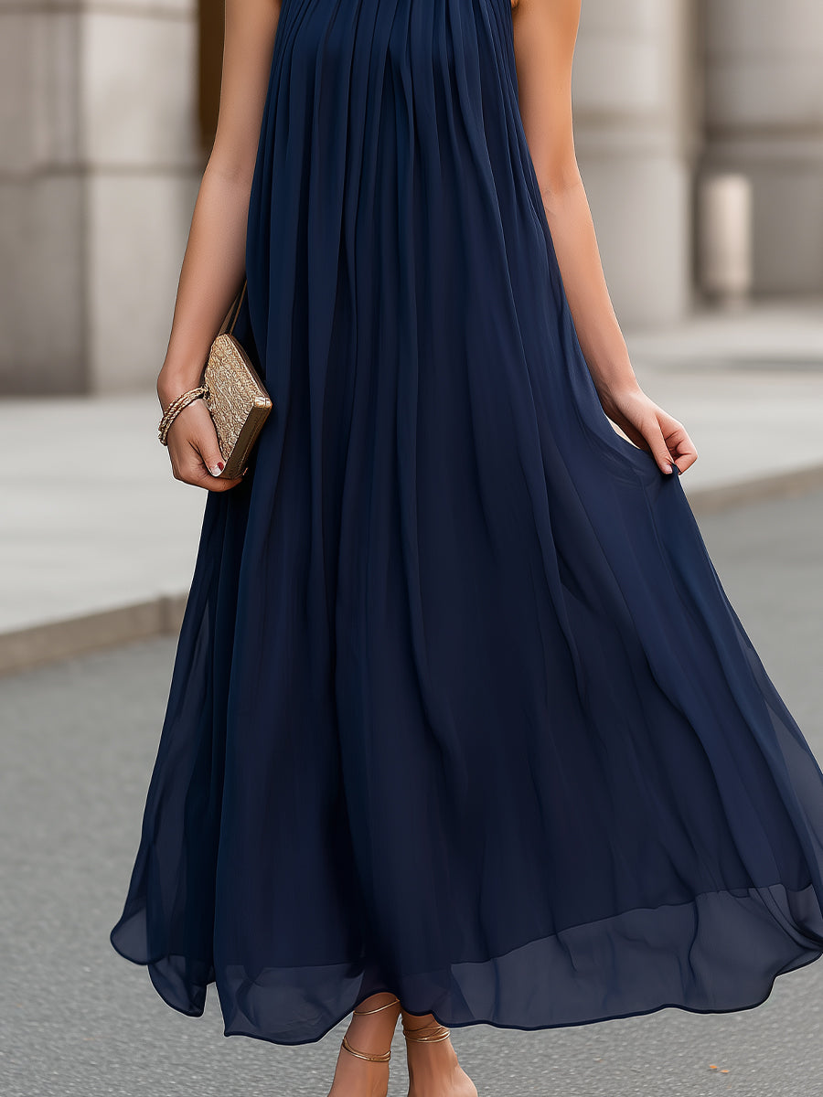 Halter Neck Pleated Chiffon Maxi Dress