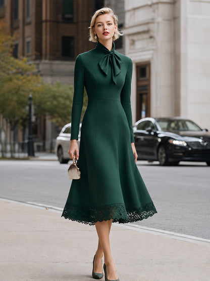 Tie-Neck Lace-Hem A-Line Midi Dress