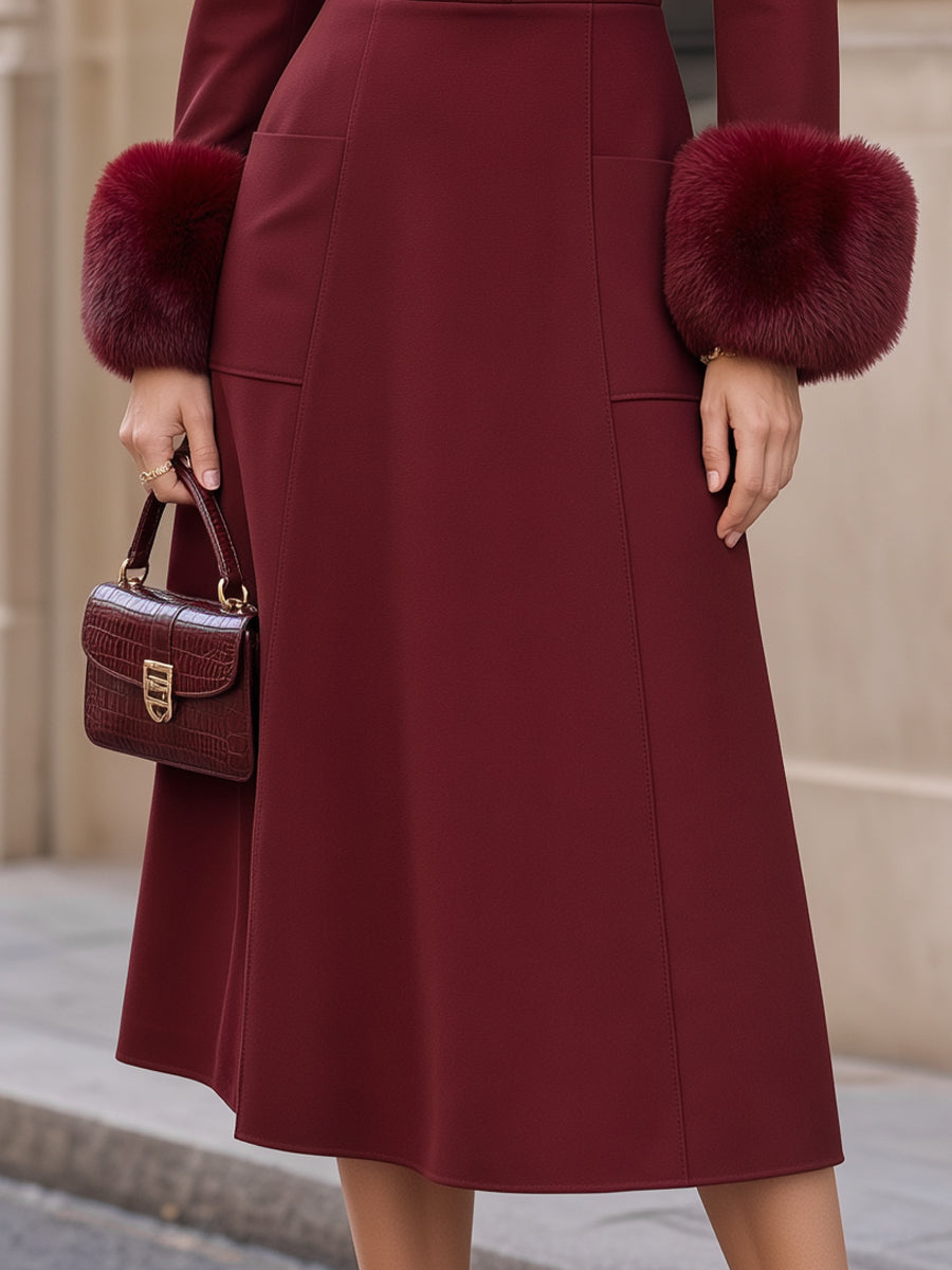 Faux Fur Cuff Shirt Collar Structured Midi Dress