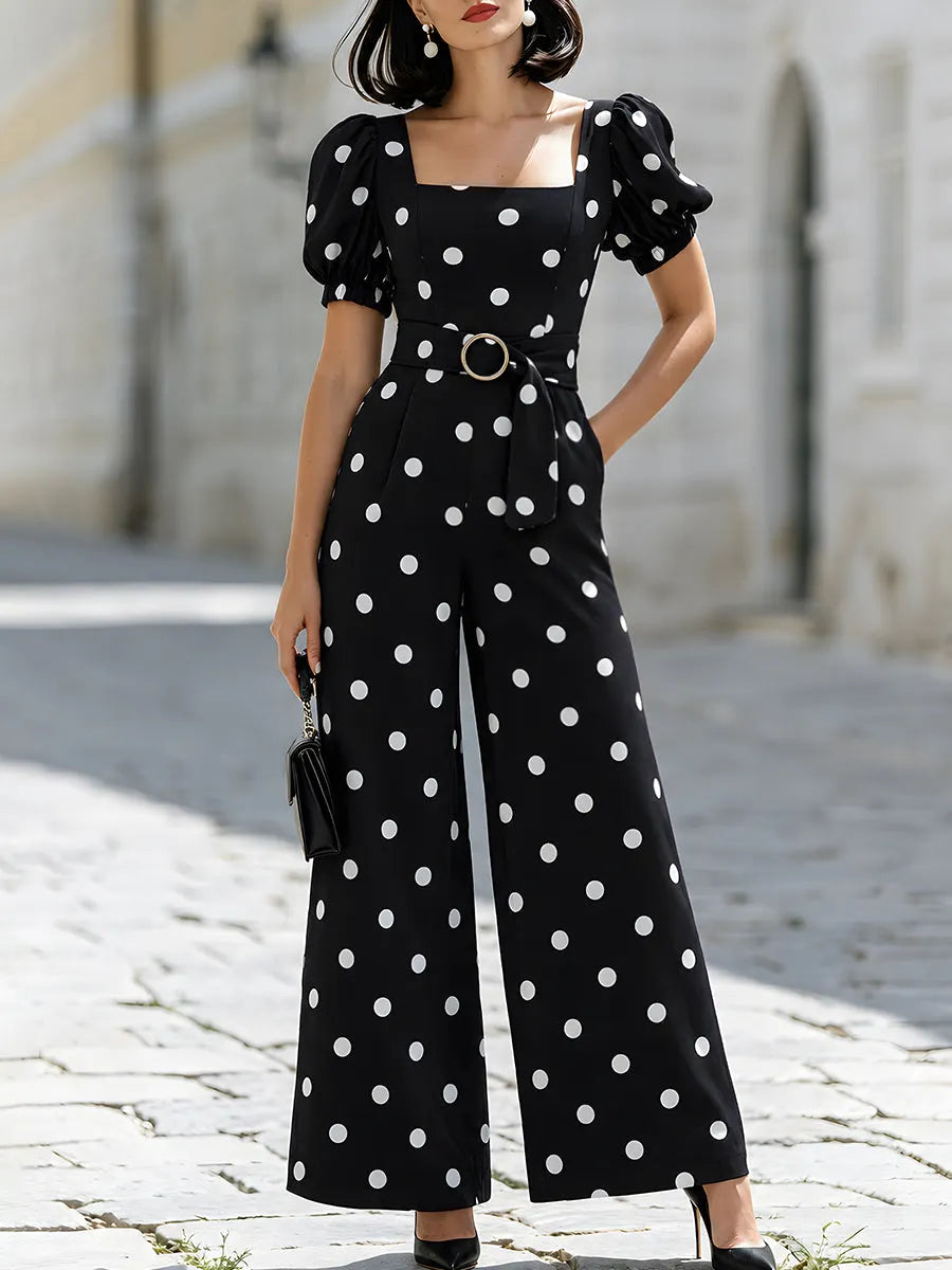 Elegant Polka Dot Puff Sleeve Wide Leg Jumpsuit