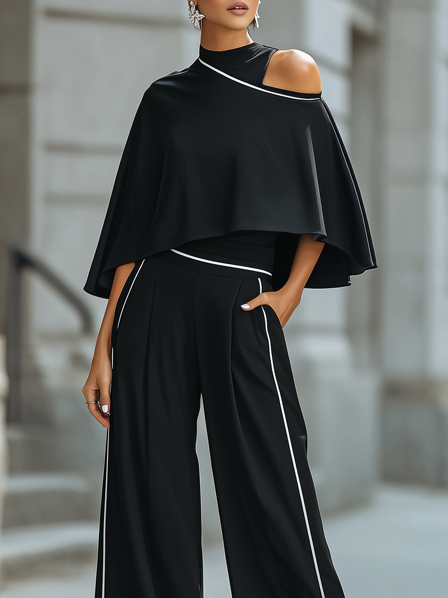 Asymmetric Cut-Out Cape Top With Wide-Leg Tailored Pants Set