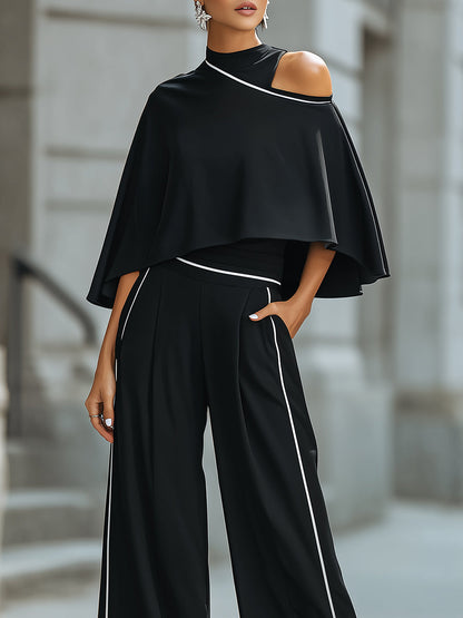 Asymmetric Cut-Out Cape Top With Wide-Leg Tailored Pants Set