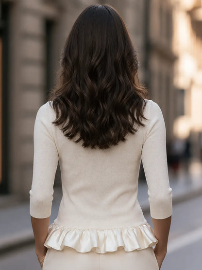 High-Neck Knit Top With Ruffle Hem