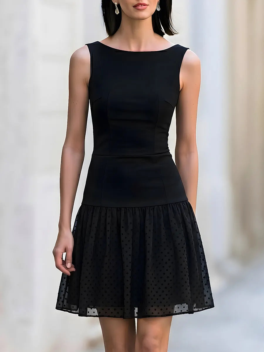Sleeveless Boat Neck Polka Dot Tulle Skater Dress