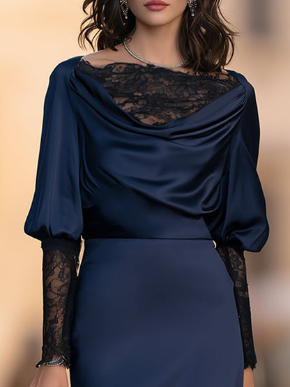 Elegant Draped Satin Cowl Neck Midi Dress