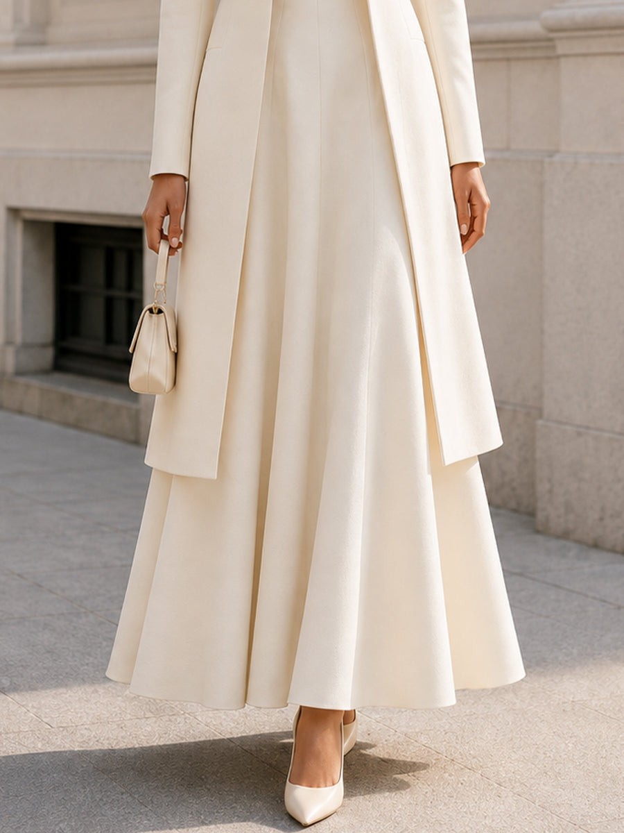 Stand‐Collar Long Open Coat & Flared Maxi‐Dress Two‐Piece Crepe Co‐Ord Set