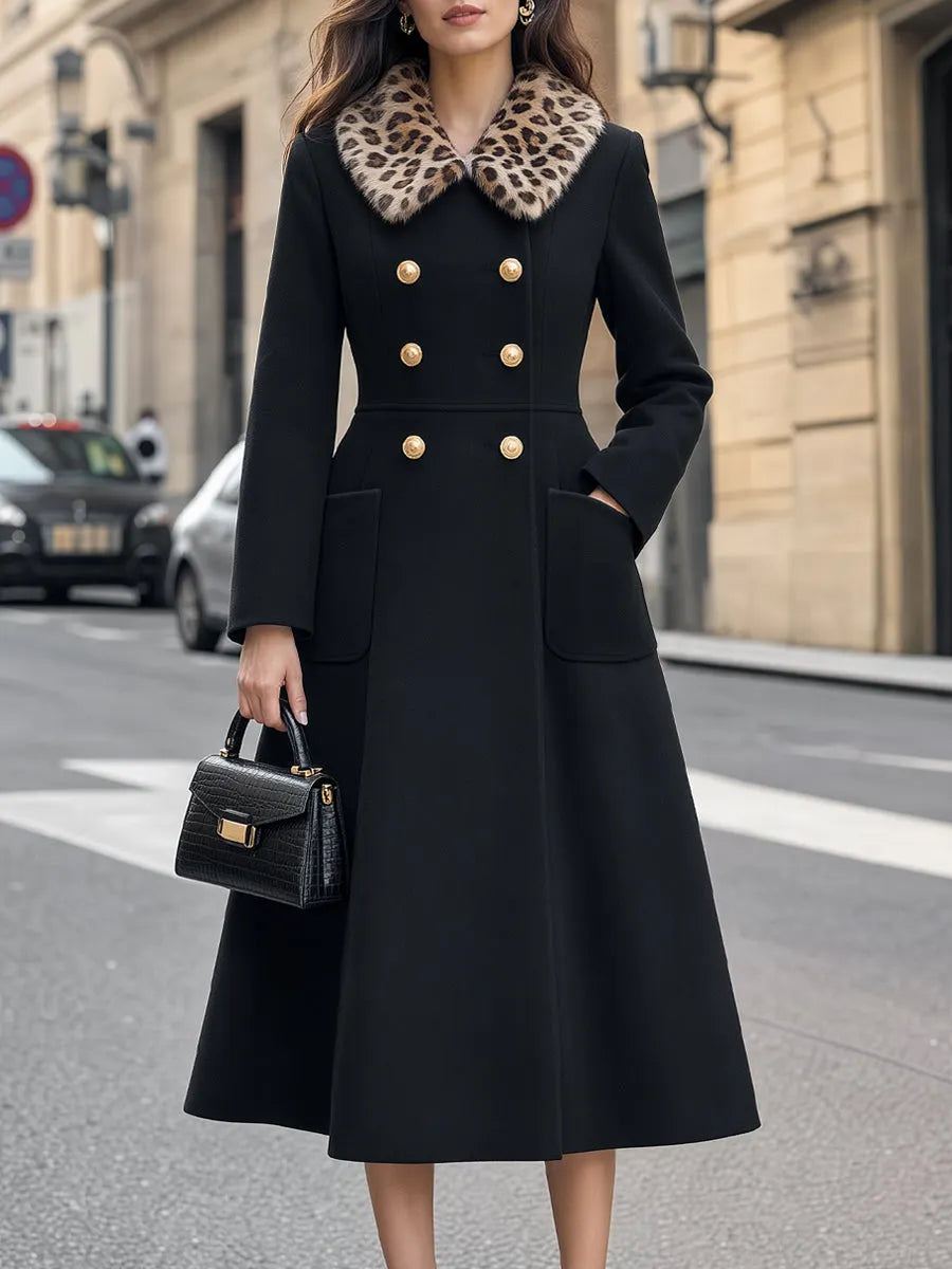 Leopard Faux Fur Collar Double-Breasted Midi Coat