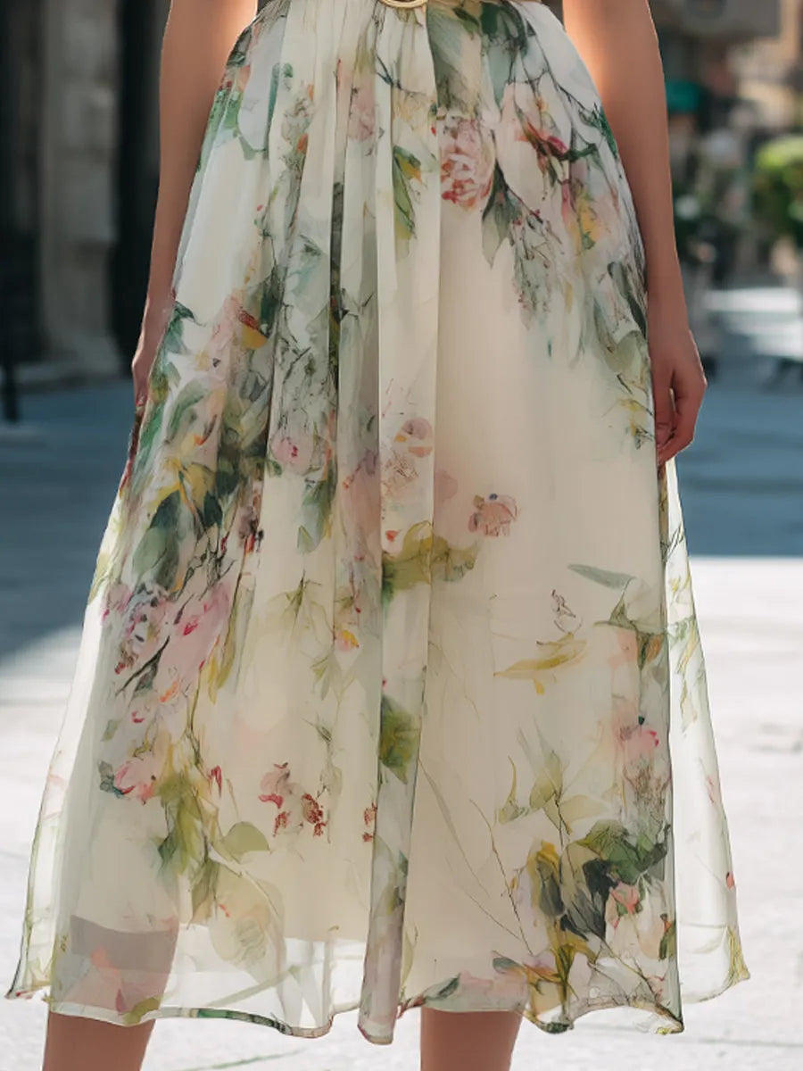 Watercolor Floral Sleeveless Belted Midi Dress