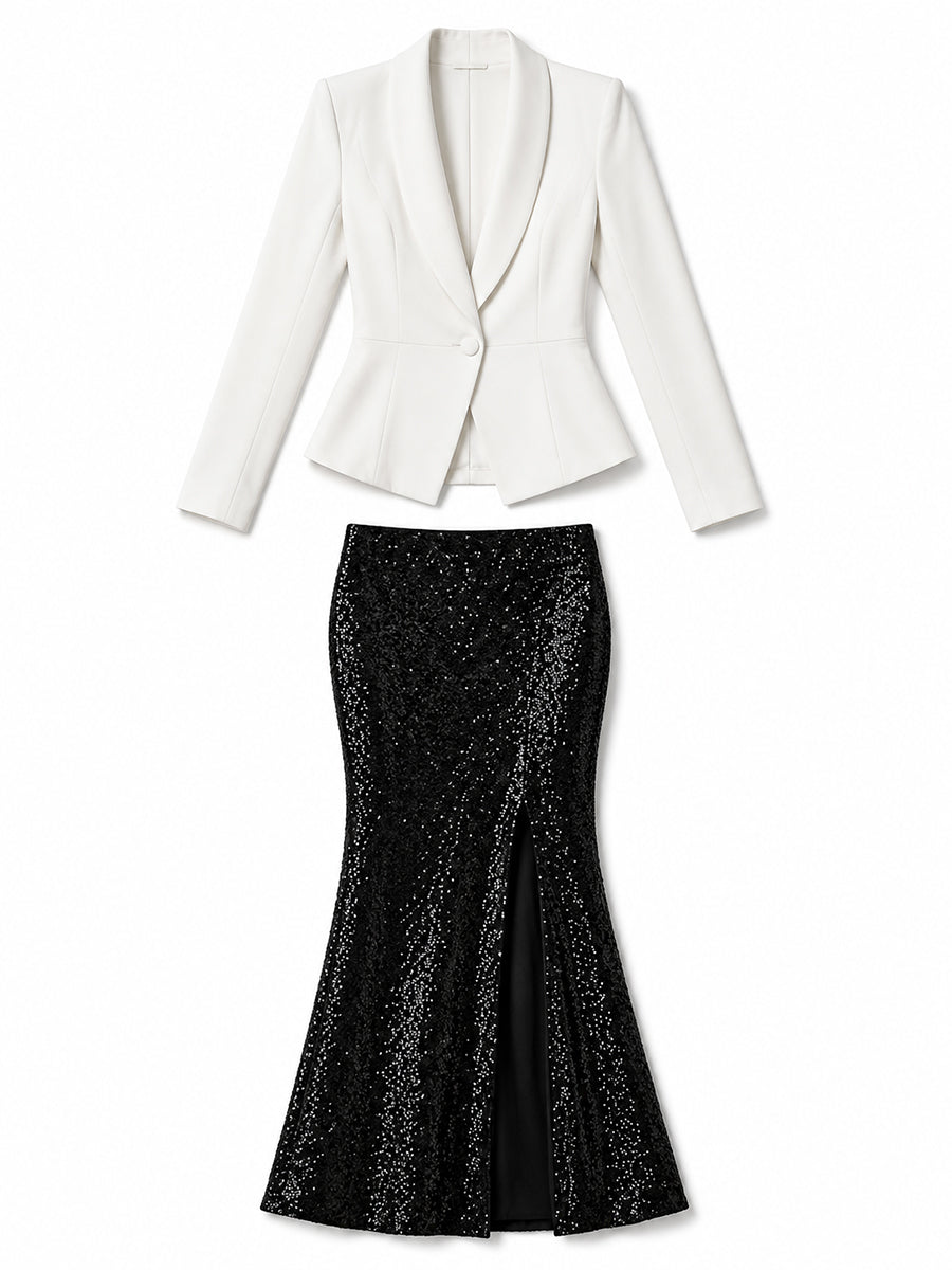 Shawl Lapel Peplum Blazer & Split Sequin Mermaid Maxi Skirt Two-Piece Set