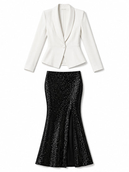 Shawl Lapel Peplum Blazer & Split Sequin Mermaid Maxi Skirt Two-Piece Set
