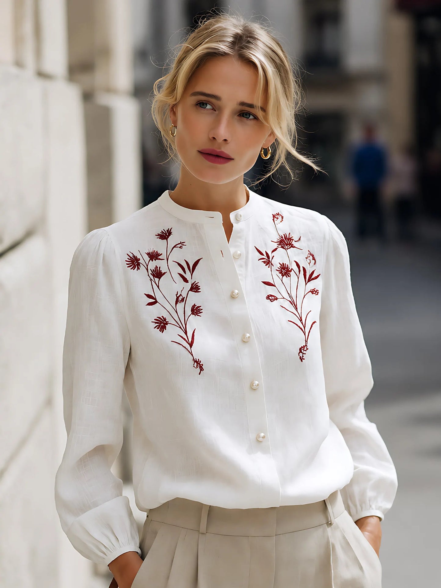 Embroidered Linen Button-Up Blouse